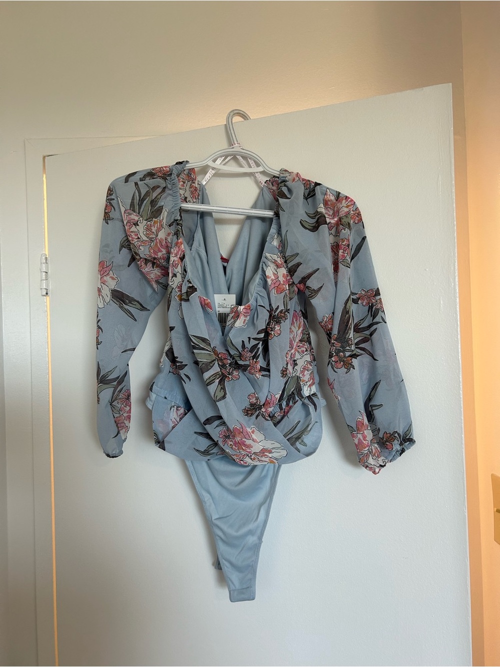 Guess Floral Wrap Bodysuit in Light Blue with Pink Blooms
